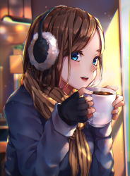 Rule 34 | 1girl, absurdres, black gloves, blue eyes, blurry, brown hair, coffee, coffee mug, commentary, cup, depth of field, earmuffs, fingerless gloves, gloves, highres, huge filesize, lips, looking at viewer, medium hair, mr.lime, mug, original, parted bangs, parted lips, scarf, soft focus, solo, winter