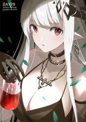 Rule 34 | 1girl, arknights, black collar, black dress, black gloves, breasts, character name, cleavage, collar, collarbone, copyright name, cup, demon horns, detached sleeves, dress, earrings, gloves, grey hair, hair ornament, hand up, highres, holding, holding cup, horns, jewelry, large breasts, long hair, makkuro, mudrock (arknights), mudrock (obsidian) (arknights), necklace, official alternate costume, parted lips, pointy ears, red eyes, sidelocks, solo, spaghetti strap, sparkle, upper body