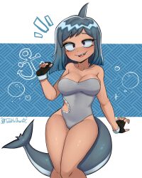 Rule 34 | 1girl, anchor, art trade, bare shoulders, black gloves, borrowed character, breasts, cleavage, feet out of frame, fingerless gloves, fins, fish tail, glint, gloves, grey hair, grey one-piece swimsuit, hand up, highres, looking at viewer, medium breasts, medium hair, one-piece swimsuit, original, parted lips, red eyes, shadow, shark fin, shark girl, shark tail, sharkini, sharp teeth, smile, solo, speech bubble, strapless, strapless one-piece swimsuit, swimsuit, tablitachan, tail, teeth, twitter username