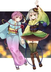Rule 34 | 2girls, :3, alternate costume, black hat, black skirt, blue kimono, boots, bow, brown footwear, commentary request, corset, crescent moon, cross-laced footwear, fang, gradient clothes, green eyes, green legwear, hat, hat bow, heart, highres, holding hands, japanese clothes, kimono, komeiji koishi, komeiji satori, lace-up boots, looking at viewer, mimoto (aszxdfcv), mini hat, miniskirt, moon, multiple girls, night, night sky, obi, open mouth, pink kimono, purple eyes, purple hair, sandals, sash, siblings, silver hair, sisters, skirt, sky, smile, star (sky), starry sky, thighhighs, third eye, touhou, waving, white legwear, wide sleeves, wrist cuffs, yellow bow, yukata, zettai ryouiki