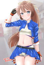 Rule 34 | 1girl, akigumo (kancolle), akigumo (kancolle) (cosplay), ame-san, bandeau, black gloves, blue jacket, blue skirt, breasts, brown hair, choker, commentary request, cosplay, fingerless gloves, gloves, grey eyes, hair ribbon, highres, jacket, kantai collection, kazagumo (kancolle), long hair, looking at viewer, midriff, navel, ponytail, race queen, revision, ribbon, salute, shorts, shorts under skirt, skirt, small breasts, solo, standing, white bandeau, white choker, white shorts