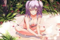 Rule 34 | 10s, 1girl, bare shoulders, barefoot, beach, bikini, breasts, cleavage, closed mouth, collarbone, eredhen, flower, front-tie bikini top, front-tie top, hair ribbon, indian style, kantai collection, kashima (kancolle), large breasts, leaning forward, outdoors, plant, purple eyes, ribbon, side-tie bikini bottom, sidelocks, silver hair, sitting, smile, solo, swimsuit, toenails, twintails, two side up, water, wavy hair, white bikini