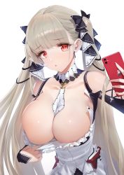 Rule 34 | 1girl, azur lane, bare shoulders, between breasts, black dress, blush, breasts, cellphone, cleavage, collarbone, detached sleeves, dress, earrings, formidable (azur lane), frilled dress, frills, grey hair, highres, jewelry, large breasts, long hair, looking at viewer, mhk (mechamania), open mouth, phone, red eyes, ribbon, selfie, simple background, solo, twintails, two-tone dress, two-tone ribbon, very long hair, white background