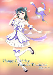1girl, absurdres, alternate hairstyle, ankle strap, arm garter, artist name, artist request, back bow, bare shoulders, birthday, black footwear, black high heels, blue hair, blush, boots, bow, breasts, brightest melody, choker, cleavage, cloud, collarbone, double bun, dress, earrings, female focus, floating, floating clothes, floating object, frilled dress, frills, full body, hair bun, happy birthday, heart (symbol), high heels, highres, jacket, jewelry, long hair, looking at viewer, love live!, love live! school idol festival, love live! sunshine!!, miniskirt, orange sky, outdoors, parted lips, pink eyes, plaid, plaid dress, plaid skirt, pleated, pleated dress, pleated skirt, purple bow, purple eyes, red eyes, red sky, ribbon, skirt, sky, small breasts, smile, solo, standing, standing on one leg, tsushima yoshiko, twintails, v, v-shaped eyebrows, v over eye, white bow, white choker, white dress, white legwear, white skirt, white wrist cuffs, wrist cuffs, yellow sky