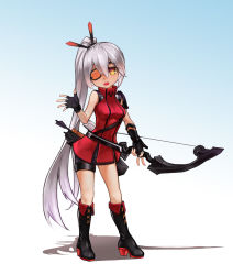 Rule 34 | 1girl, :o, archery, arrow (projectile), asymmetrical gloves, bare shoulders, black footwear, black gloves, black shorts, blue background, boots, bow (weapon), dress, eyepatch, fingernails, full body, gloves, hair ornament, hair ribbon, highres, holding, holding weapon, honkai (series), honkai impact 3rd, knee boots, long hair, looking at viewer, mebius13438970583 (kuroyuki), mismatched gloves, open mouth, ponytail, quiver, red dress, ribbon, shadow, shorts, sleeveless, sleeveless dress, solo, standing, two-tone background, v, weapon, white background, white hair, yellow eyes, zombie, zombie (honkai impact 3)