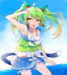 Rule 34 | 1girl, ahoge, alternate skin color, arm up, armpits, bare shoulders, beach, child, cowboy shot, earrings, fang, flat chest, frilled swimsuit, frills, gradient hair, green hair, hair bobbles, hair ornament, highres, jewelry, medium hair, multicolored hair, official alternate costume, open mouth, red hair bobbles, hair ornament, ricotta (ys), sano (merrymerry), solo, swimsuit, tail, twintails, water, yellow eyes, ys, ys viii lacrimosa of dana