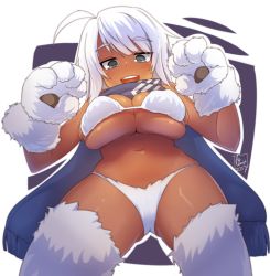 Rule 34 | 1girl, 2017, :d, ahoge, animal hands, artist name, blue scarf, breasts, dark-skinned female, dark skin, from below, fur bikini, green eyes, highres, imageboard desourced, large breasts, looking at viewer, looking down, monster girl encyclopedia, navel, non-web source, open mouth, scarf, signature, smile, solo, tilt-shift (azalanz), white fur, white hair, yeti (monster girl encyclopedia)