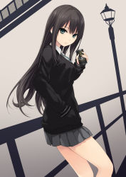 Rule 34 | 10s, 1girl, black hair, can, canned coffee, cardigan, coffee-kizoku, commentary request, drink can, green eyes, highres, idolmaster, idolmaster cinderella girls, lamppost, long hair, looking at viewer, necktie, school uniform, shibuya rin, skirt, solo