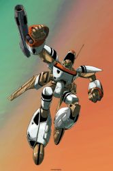 Rule 34 | arm cannon, choujikuu seiki orguss, clenched hands, flying, gradient background, looking at viewer, mecha, no humans, orguss, radio antenna, robot, rocket launcher, science fiction, solo, visor, weapon, yamada yuuji