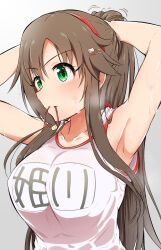 Rule 34 | 1girl, armpits, arms behind head, arms up, blush, breasts, brown hair, cat hair ornament, character name, collarbone, green eyes, grey background, gym shirt, hair ornament, hair tie in mouth, hairband, hairclip, highres, himekawa yuki, idolmaster, idolmaster cinderella girls, idolmaster cinderella girls starlight stage, kapa (kappa yousai), long hair, looking at another, medium breasts, motion lines, mouth hold, name tag, ponytail, red hairband, red trim, shirt, short sleeves, simple background, solo, sweat, tying hair, upper body, v-shaped eyebrows, white shirt