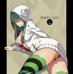 Rule 34 | 1girl, ass, blush, breasts, green eyes, green hair, green panties, green thighhighs, highres, hood, hoodie, kamezaemon, long hair, looking back, matching hair/eyes, open clothes, open hoodie, panties, pillarboxed, solo, striped clothes, striped thighhighs, thighhighs, underwear