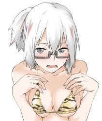 Rule 34 | 1girl, animal print, bare shoulders, bikini, black-framed eyewear, black bikini, blush, boku no hero academia, breasts, breasts squeezed together, cleavage, collarbone, commentary, elf (stroll in the woods), embarrassed, glasses, grey eyes, hair between eyes, hair up, hands on own chest, leaning forward, lower teeth only, medium breasts, micro bikini, multicolored hair, nose blush, open mouth, ponytail, print bikini, rectangular eyewear, red hair, semi-rimless eyewear, sideboob, simple background, solo, sweat, swimsuit, teeth, textless version, tiger print, tiger stripes, todoroki fuyumi, two-tone bikini, two-tone hair, under-rim eyewear, underboob, upper body, upturned eyes, w arms, white background, white hair, yellow bikini