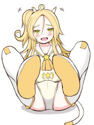 Rule 34 | +++, 1girl, :d, absurdres, ahoge, ascot, blonde hair, blush, boots, cameltoe, collarbone, commentary request, copyright request, forehead, hair between eyes, highres, horns, legs up, leotard, long hair, mitchi, one side up, open mouth, orange ascot, parted bangs, sailor collar, simple background, smile, solo, star (symbol), thigh boots, thighhighs, white background, white footwear, white leotard, white sailor collar, white thighhighs, yellow eyes