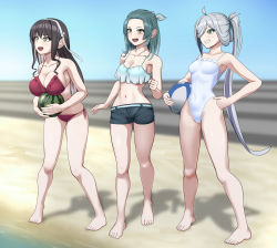 Rule 34 | 3girls, ahoge, alternate costume, asashimo (kancolle), ball, barefoot, beach, beachball, bikini, black hair, black shorts, blue sky, blurry, blurry background, breasts, casual one-piece swimsuit, cleavage, colored inner hair, commentary request, covered navel, day, food, forehead, frilled one-piece swimsuit, frilled swimsuit, frills, fruit, full body, gradient hair, green hair, grey eyes, grey hair, hair down, hair over one eye, hair ribbon, half updo, hand on own hip, highleg, highleg swimsuit, kantai collection, large breasts, long hair, medium breasts, medium hair, multicolored hair, multiple girls, naganami (kancolle), naganami kai ni (kancolle), nikku (nzaf5832), official alternate costume, one-piece swimsuit, outdoors, pink hair, ponytail, ribbon, sharp teeth, short shorts, shorts, sky, small breasts, suzunami (kancolle), swimsuit, teeth, two-tone hair, watermelon, white bikini, white hair, white one-piece swimsuit, white ribbon, yellow eyes