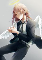 1boy, angel, angel devil (chainsaw man), angel wings, aoi yuki, bangs, belt, black belt, black jacket, black neckwear, black pants, brown eyes, brown hair, business suit, chainsaw man, eyebrows visible through hair, feathered wings, feathers, formal, hair between eyes, halo, hands together, highres, jacket, long sleeves, looking at viewer, male focus, necktie, neckwear, pants, shirt, solo, steepled fingers, suit, white shirt, white wings, wings