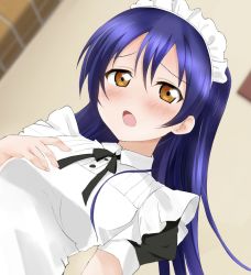 Rule 34 | 1girl, :o, apron, arakawa emiring, artist name, artist request, black ribbon, blue hair, blush, breasts, brown eyes, buttons, collared dress, dress, female focus, frilled apron, frilled shirt collar, frills, hair between eyes, hand on own chest, highres, long hair, looking at viewer, love live!, love live! school idol project, maid, maid apron, maid headdress, parted lips, puffy short sleeves, puffy sleeves, ribbon, short sleeves, smile, solo, sonoda umi, upper body, white apron, wing collar, worried, yellow eyes