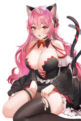 Rule 34 | 1girl, absurdres, animal ears, bare shoulders, bell, black choker, black dress, black ribbon, breasts, brown thighhighs, cat ears, cat tail, choker, cleavage, detached sleeves, dress, frilled dress, frills, hair between eyes, hair ribbon, highres, jingle bell, large breasts, lillly, long hair, long sleeves, looking at viewer, multiple tails, neck bell, original, pink hair, red eyes, resolution mismatch, ribbon, simple background, sitting, solo, source smaller, strapless, strapless dress, tail, thighhighs, very long hair, wariza, white background