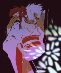 Rule 34 | 1boy, 1girl, absurdres, biting, brown hair, covered mouth, dizi930, forever 7th capital, highres, japanese clothes, kimono, white hair