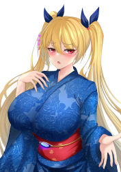 Rule 34 | 1girl, absurdres, azur lane, black ribbon, blonde hair, blue kimono, blush, breasts, floral print, hair between eyes, hand on own chest, highres, japanese clothes, kimono, large breasts, long hair, looking at viewer, nelson (azur lane), nelson (azure and gold summer night) (azur lane), official alternate costume, red eyes, ribbon, sash, solo, twintails, very long hair, ville87804