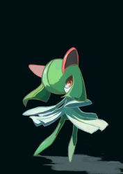 Rule 34 | absurdres, black background, commentary, creatures (company), full body, game freak, gen 3 pokemon, green hair, highres, kirlia, looking to the side, nintendo, outstretched arm, pn (ltpn 257), pokemon, pokemon (creature), red eyes, standing