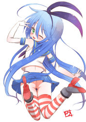 Rule 34 | 1girl, ;), ahoge, ass, blue hair, blue skirt, blush, cosplay, crossover, elbow gloves, from behind, gloves, green eyes, hairband, izumi konata, kantai collection, long hair, looking back, lucky star, mole, mole under eye, muu rian, one eye closed, shimakaze (kancolle), shimakaze (kancolle) (cosplay), skirt, smile, solo, striped clothes, striped thighhighs, thighhighs, white background, white gloves