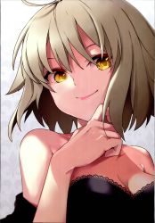 Rule 34 | 1girl, absurdres, ahoge, bare shoulders, black dress, breasts, cleavage, collarbone, dress, fate/grand order, fate (series), hand on own chin, hand up, highres, jeanne d&#039;arc (fate), jeanne d&#039;arc alter (avenger) (fate), jeanne d&#039;arc alter (fate), light brown hair, pink lips, ringoen, scan, short hair, smile, solo, strapless, strapless dress, upper body, yellow eyes