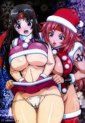 Rule 34 | 2girls, :o, absurdres, assisted exposure, black hair, blue eyes, blush, breasts, cameltoe, christmas, clothes lift, covered erect nipples, fundoshi, groin, hat, highres, hip focus, huge breasts, japanese clothes, large breasts, lips, lipstick, long hair, makeup, multiple girls, open mouth, panties, purple eyes, queen&#039;s blade, red hair, risty (queen&#039;s blade), santa hat, scan, skirt, skirt lift, tattoo, thigh gap, thighs, tomoe (queen&#039;s blade), underboob, underwear, very long hair, white panties, wide hips