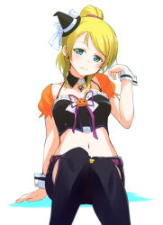 Rule 34 | 10s, 1girl, arm support, ayase eli, belt, black shorts, black thighhighs, blonde hair, blue eyes, collar, collarbone, earrings, hand in own hair, hat, high ponytail, jewelry, long hair, looking at viewer, love live!, love live! school idol festival, love live! school idol project, midriff, mini hat, mini witch hat, nanotsuki, navel, pumpkin, purple ribbon, ribbon, shorts, simple background, solo, thighhighs, white background, witch hat, wrist cuffs