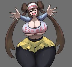 Rule 34 | 1girl, absurdres, black pantyhose, blush, breasts, brown hair, cleavage, closed mouth, clothes writing, cowboy shot, creatures (company), crop top, curvy, dot nose, eyelashes, female focus, game freak, gipehtyboo, grey background, highres, huge breasts, incoming hug, long hair, long sleeves, midriff, nintendo, open mouth, outstretched arms, pantyhose, pokemon, pokemon bw2, rosa (pokemon), shorts, smile, solo, standing, teeth, thick thighs, thighs, twintails, underboob, upper teeth only, wide hips, yellow shorts