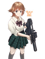 Rule 34 | 1girl, alternate costume, artist logo, black socks, blouse, blue eyes, bow, bowtie, brown hair, commentary request, cowboy shot, dated, doyagao, green skirt, gun, hiei (kancolle), holding, holding gun, holding weapon, kantai collection, kneehighs, ld (luna dial398), looking at viewer, one-hour drawing challenge, plaid, plaid skirt, pleated skirt, purple bow, purple bowtie, school uniform, shirt, short hair, simple background, skirt, sleeves rolled up, smile, smug, socks, solo, weapon, white background, white shirt
