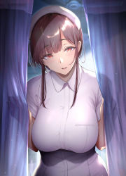 Rule 34 | 1girl, blush, breasts, brown hair, commentary request, curtains, gentsuki, hair over eyes, hat, highres, hospital, large breasts, looking at viewer, nurse, nurse cap, orange eyes, original, parted bangs, parted lips, short hair, sidelocks, smile, thighs, uniform