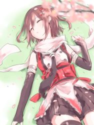 Rule 34 | 10s, 1girl, black gloves, black neckerchief, black thighhighs, brown hair, cherry blossoms, closed eyes, cowboy shot, elbow gloves, eyebrows, fingerless gloves, gloves, hair between eyes, hair ornament, ica, kantai collection, lying, neckerchief, on back, outdoors, parted lips, petals, scarf, school uniform, sendai (kancolle), sendai kai ni (kancolle), serafuku, sleeping, sleeveless, solo, thighhighs, two side up, white scarf, zettai ryouiki