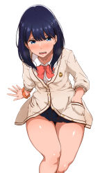 Rule 34 | 10s, 1girl, 3:, black hair, black skirt, blue eyes, blush, bow, breasts, buttons, commentary request, gridman universe, hand in pocket, highres, hip focus, long hair, long sleeves, looking at viewer, open mouth, pink neckwear, pleated skirt, school uniform, scrunchie, simple background, sitting, skirt, small breasts, solo, ssss.gridman, sweater, takarada rikka, thick thighs, thighs, tokiwa midori (kyokutou funamushi), white background, white sweater, wrist scrunchie