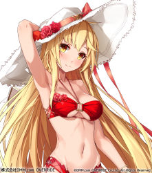 Rule 34 | 1girl, arm behind head, armpits, bandeau, bangle, bikini, blonde hair, bow, bracelet, breasts, cleavage, collarbone, copyright notice, flower, hand on headwear, hat, hat bow, hat flower, jewelry, long hair, looking at viewer, medium breasts, midriff, navel, official art, original, pink flower, pink rose, red bikini, red bow, red flower, red rose, rose, simple background, solo, stomach, sun hat, swimsuit, takanashi kei (hitsujikan), upper body, very long hair, white background, white hat, yellow eyes