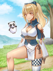 Rule 34 | 1girl, blonde hair, blue sky, bow, breasts, cleavage, cleavage cutout, clothing cutout, cloud, dark-skinned female, dark skin, gloves, grass, hair bow, highres, hololive, kintsuba (shiranui flare), large breasts, orange eyes, partially fingerless gloves, pelvic curtain, ponytail, shiranui flare, shiranui flare (old design), single thighhigh, sky, sleeves past wrists, solo, thighhighs, tree, virtual youtuber, yoshimi takeuchiriki