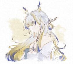 Rule 34 | 1girl, arknights, bare shoulders, blonde hair, blue hair, commentary, dragon girl, dragon horns, dress, earrings, grey eyes, hair ornament, hairpin, highres, horns, jewelry, light smile, long hair, looking to the side, mucha 1232, multicolored hair, necklace, off shoulder, pointy ears, portrait, shu (arknights), simple background, smile, solo, tassel, tassel earrings, upper body, watercolor effect, white background, white dress, white hair