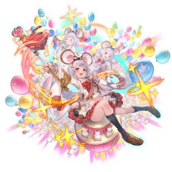 Rule 34 | &gt; &lt;, 1girl, animal ears, arm up, balloon, blue socks, brown footwear, clone, cropped shirt, fake animal ears, granblue fantasy, hand up, holding, holding instrument, holding staff, instrument, knee up, kneehighs, loafers, long sleeves, looking at viewer, minaba hideo, mouse (animal), mouse ears, official art, open mouth, outstretched arm, red eyes, shoes, short hair, sitting, skirt, socks, staff, stomach, teeth, upper teeth only, vikala (granblue fantasy), white hair