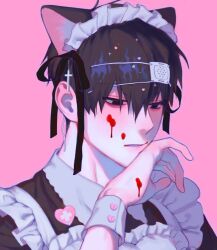 Rule 34 | 1boy, animal ears, apron, black dress, blood, blood on face, blood on hands, cat ears, dress, eyepatch, eyepatch lift, fake animal ears, greyscale, gyuing666, highres, maid, maid apron, maid headdress, male focus, monochrome, original, pink background, pink theme, short hair, simple background, solo, wrist cuffs