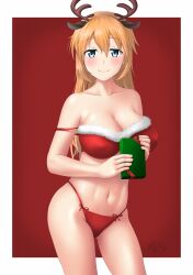 Rule 34 | 1girl, absurdres, animal ears, antlers, bikini, blue eyes, blush, breasts, charlotte e. yeager, christmas, christmas present, cleavage, closed mouth, collarbone, deer ears, fake animal ears, fake antlers, gift, highres, horns, large breasts, long hair, looking at viewer, navel, orange hair, red background, red bikini, reindeer antlers, satukiookami, shiny skin, simple background, smile, solo, strike witches, swimsuit, world witches series