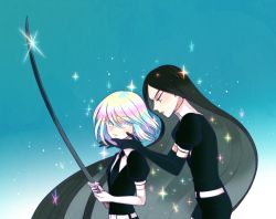 Rule 34 | 10s, 2others, androgynous, black gloves, black hair, blue background, bort, diamond (houseki no kuni), elbow gloves, from side, gloves, gradient background, hair between eyes, holding, houseki no kuni, katana, long hair, multicolored eyes, multicolored hair, multiple others, necktie, parted lips, rainbow hair, short hair, sparkle, sword, tanpi, very long hair, weapon, white gloves