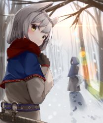 Rule 34 | 2girls, absurdres, akinakesu-chan, animal ear fluff, animal ears, backpack, bag, bare tree, black gloves, black skirt, blue jacket, blush, brown jacket, closed mouth, commentary request, day, footprints, from behind, gloves, grey hair, hand up, highres, hood, hood up, hooded jacket, jacket, long sleeves, looking at viewer, looking back, multiple girls, original, outdoors, puffy long sleeves, puffy sleeves, red scarf, scarf, skirt, snow, tail, tree, yellow eyes