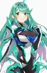 Rule 34 | 1girl, alternate hairstyle, breasts, chest jewel, earrings, gloves, greek text, green eyes, green hair, hair down, headpiece, highres, jewelry, kinagi (3307377), large breasts, long hair, pneuma (xenoblade), simple background, solo, swept bangs, tiara, very long hair, white background, xenoblade chronicles (series), xenoblade chronicles 2