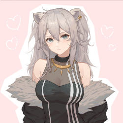 Rule 34 | 1girl, animal ears, black coat, black shirt, blush, breasts, cauchyconjugacy, cleavage, closed mouth, coat, commentary, earrings, eyelashes, fur-trimmed coat, fur trim, grey eyes, hair between eyes, heart, highres, hololive, jewelry, lion ears, long hair, looking at viewer, medium breasts, necklace, off shoulder, outline, pink background, see-through, see-through cleavage, shirt, shishiro botan, shishiro botan (1st costume), silver hair, simple background, solo, striped, upper body, vertical stripes, virtual youtuber