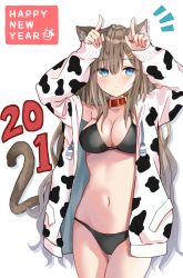 Rule 34 | 1girl, 2021, akino ell, animal ears, animal print, armpits, arms up, bare shoulders, bikini, black bikini, blue eyes, breasts, brown hair, cat ears, cat tail, chinese zodiac, choker, cleavage, closed mouth, collarbone, cow print, cowboy shot, hair ornament, hairclip, halterneck, happy new year, highres, index fingers together, jacket, large breasts, long hair, long sleeves, looking at viewer, multi-strapped bikini, navel, new year, notice lines, off shoulder, open clothes, open jacket, original, red choker, solo, stomach, string bikini, swimsuit, tail, thigh gap, thighs, very long hair, white jacket, year of the ox, zodiac