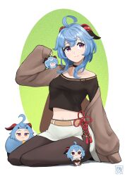 Rule 34 | 1girl, absurdres, ahoge, alternate costume, artist name, black choker, black pantyhose, black shirt, blue hair, brown jacket, character doll, character print, choker, closed mouth, commentary, contemporary, crop top, cropped shirt, doll, english commentary, fav faris, ganyu (genshin impact), genshin impact, goat horns, hair between eyes, highres, horns, jacket, long hair, looking at viewer, meta, midriff, navel, open clothes, open jacket, pantyhose, red eyes, red horns, self character print, shirt, sidelocks, sitting, skirt, sleeves past fingers, sleeves past wrists, smile, solo, stuffed animal, stuffed toy, tassel, white background, white skirt