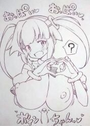 Rule 34 | 1girl, :d, ?, blush, commentary, copyright request, english commentary, heart, heart hands, highres, long hair, looking at viewer, monochrome, nipples, open mouth, penis, penis face, smile, solo, spoken question mark, traditional media, tsukareta san, twintails, upper body