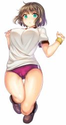 Rule 34 | 1girl, bad id, bad twitter id, blush, breasts, brown footwear, brown hair, buruma, cameltoe, covered erect nipples, full body, gluteal fold, green eyes, jpeg artifacts, large breasts, looking at viewer, mokyu (kukoudesu), puffy nipples, shirt, shoes, short hair, short sleeves, simple background, solo, sweat, thigh gap, white background, white shirt, wrist cuffs