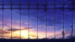 Rule 34 | bad id, bad pixiv id, cloud, commentary, crescent moon, highres, indoors, moon, night, night sky, no humans, original, plant, scenery, shi yu, sky, star (sky), sunset, vines, window