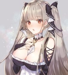 Rule 34 | 1girl, :o, artist request, azur lane, bad id, bad twitter id, between breasts, black nails, blush, breasts, cleavage, commentary, earrings, formidable (azur lane), hair ribbon, hand on own chest, jewelry, large breasts, long hair, looking at viewer, nail polish, red eyes, ribbon, solo, twintails, two-tone ribbon, upper body, very long hair