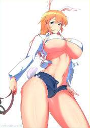 Rule 34 | 1girl, animal ears, bikini, blue eyes, blue shorts, blush, breasts, charlotte e. yeager, goggles, grin, hand on own hip, highres, holding, holding goggles, large breasts, long hair, looking at viewer, navel, orange hair, rabbit ears, rabbit girl, rabbit tail, short shorts, shorts, simple background, smile, solo, strike witches, swimsuit, tail, underboob, varie7k, white background, white bikini, world witches series